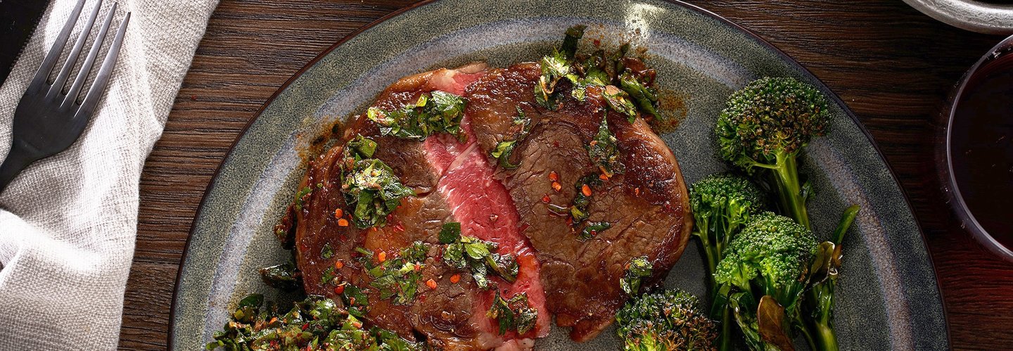 Hero image for First Light grass-fed Wagyu ribeye steak with chimichurri & charred broccoli