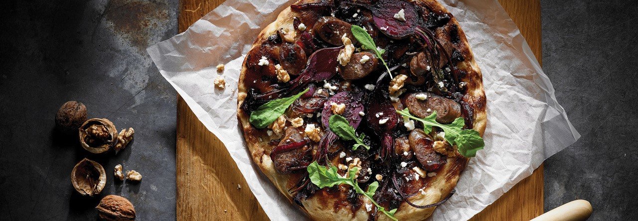 Hero image for Venison sausage pizza with roasted beetroot and relish