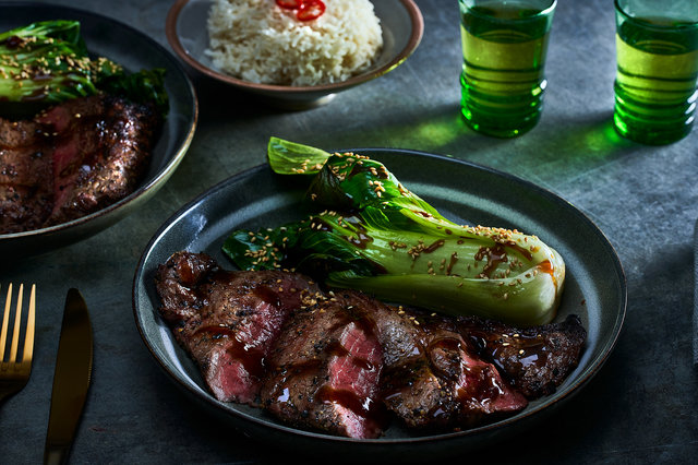 Teaser image for Char-grilled First Light grass-fed Wagyu rump steak with garlic bok choy