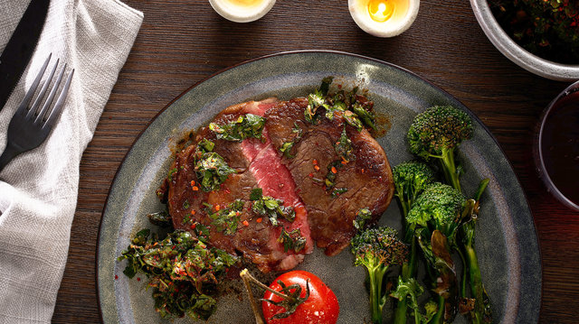 Teaser image for First Light grass-fed Wagyu ribeye steak with chimichurri & charred broccoli