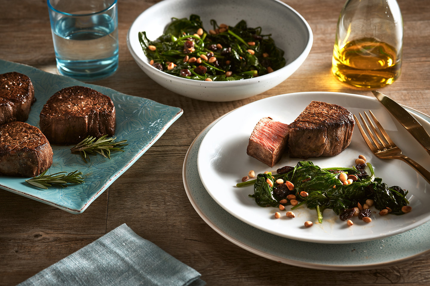 Hero image for Reverse-seared Wagyu filet with buttered spinach, pine nuts and raisins