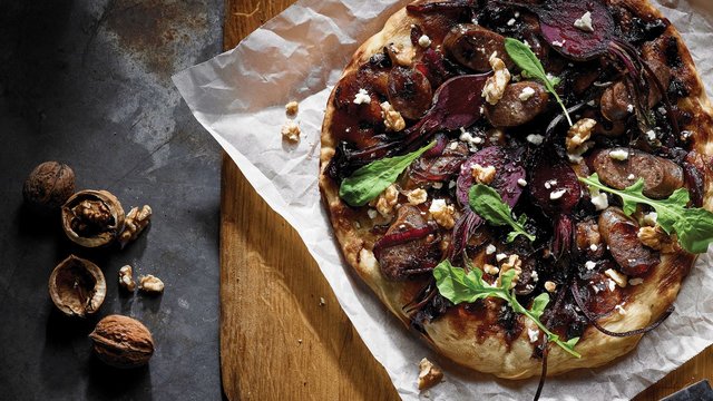 Teaser image for Venison sausage pizza with roasted beetroot and relish