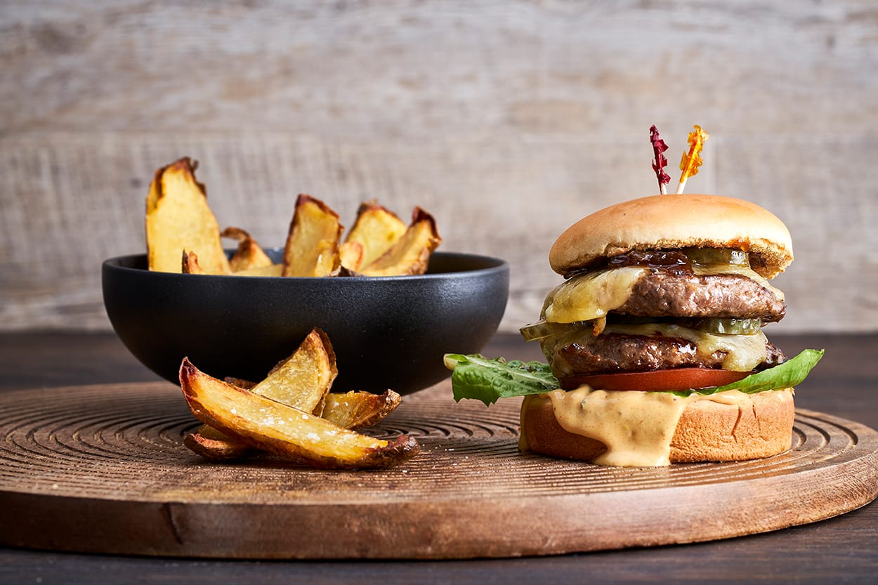 Wagyu cheese burger with crispy potato skins recipe